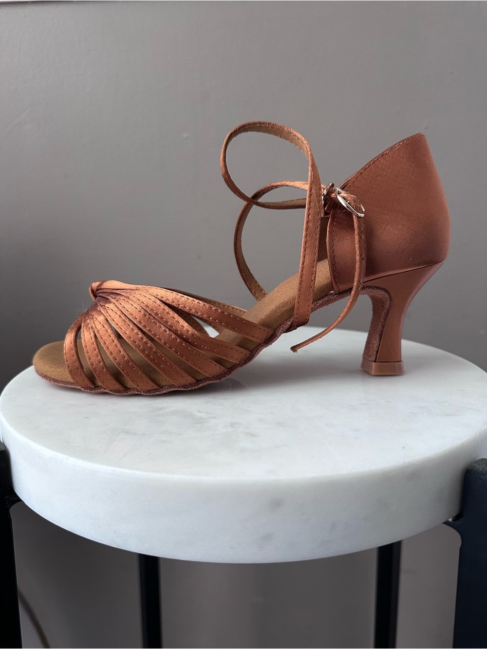 Copper Satin Strappy Dance Heel with Ankle Wrap